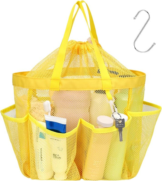 Mesh Shower Caddy Portable with Drawstring - 2-Handle Shower Bag for Dorm | 8 Deep Pockets, S-Hook, Quick-Dry Mesh, College Dorm Room Essentials for Girls, Camping, Gym, Travel, Yellow