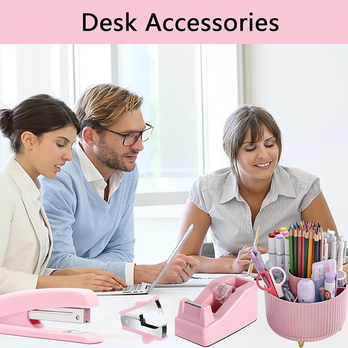 Office Supplies,Pink Desk Accessories,Desk Organizer,Stapler,Tape Dispenser,Folding Phone Stand,Scissors,Notebook,Staple Remover,Staples,Clear Tape,Sticky Notes,Clips,Cool Pen,Bookmark,Ect.22pcs