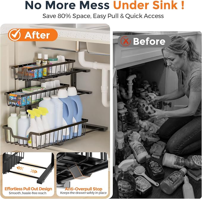 Under Sink Organizer, 2-Pack 3-Tier Height Adjustable Thickened Metal Pull out Cabinet Organizer Shelf, Slide out Storage Drawer Rack for Bathroom Kitchen Pantry Home Laundry Organization (Black)