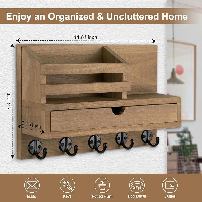 Key Holder Wall Mount, Mail Holder with Storage Drawer and 5 Key Hooks for Coat, Dog Leash, Home Decor Rack, House Accessories, Entry Way Organizer (Light Brown)