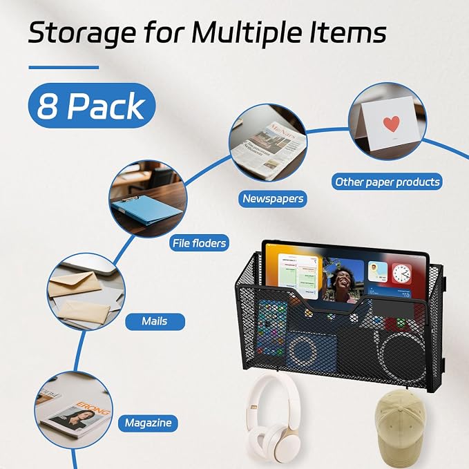 Wall File Organizer, 8 Pack Metal Wall File Holders, Black | Wall organizer with mesh pockets, label panels and hook or screw mounting for A4 and letter files at home, office or school