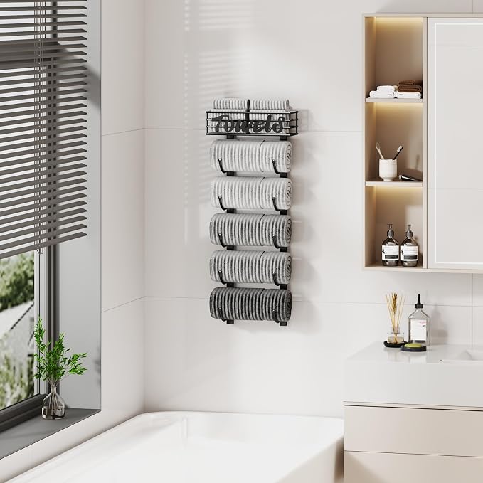 SWTYMIKI Hanging Towel Racks for Bathroom - 6 Tier Over The Door & Wall Mounted Bath Rolled Towel Storage Organizer Holder for Small Bathroom, RV, Camper, Black (Patented)