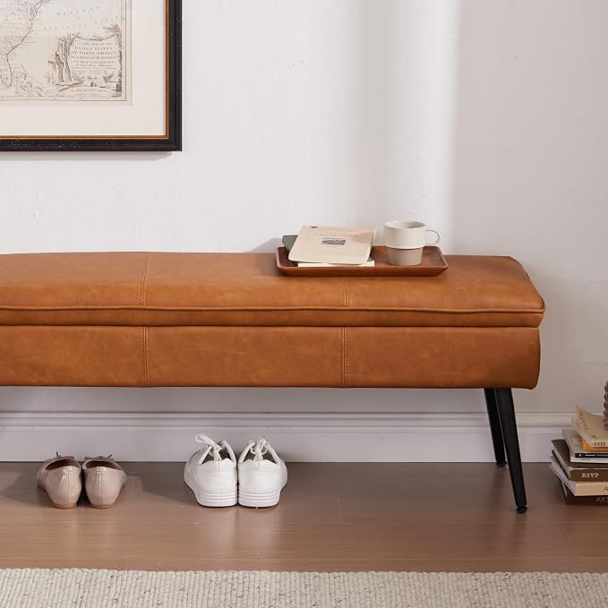 Ottoman with Storage Bench, Upholstered Large Entry Bench Cognac | 43.3" Mid-Century Modern End of Bed Bench w/ Flip-Lid Metal Legs Padded Seat for Living Room Bedroom Entryway, Faux Leather