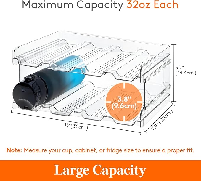 Lifewit Stackable Water Bottle Organizer for Cabinet, Plastic Bottle Holder Fits Bottles/Tumblers up to 3.8" Diameter for Pantry/Countertop, 2 Tier Holds 8 Bottles 38 x 20 x 15 cm/15 x 8 x 5.7"