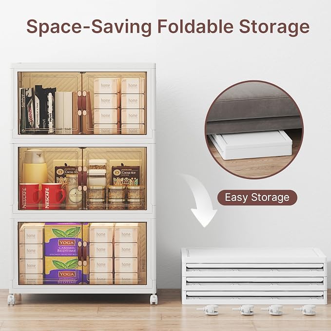 UAMFURI Stackable Storage Bins with Lids, 288QT Lockable Storage Cabinet | Folding Storage Box with Doors and Wheels, Collapsible Plastic Drawers for Home, Garage, Office