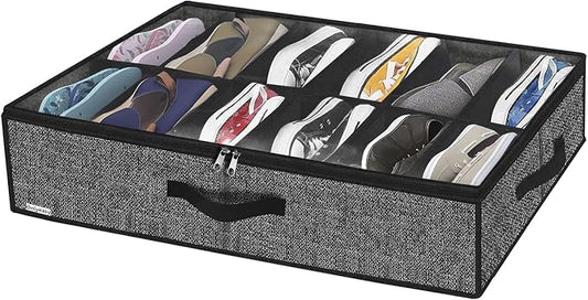 Onlyeasy Under Bed Shoe Storage Organizer with Sturdy Handles and Clear Window 1 Pack Fits 12 Pairs, Premium Foldable Underbed Shoes Container Box for Closet, Linen-like Black, MXAUBSB1P
