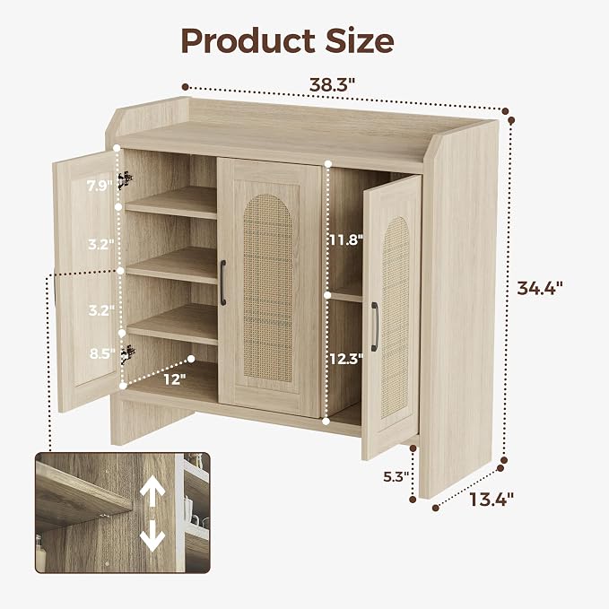 Rattan Shoe Storage Cabinet, Farmhouse Shoe Cabinets Storage for Entryway, Boho Wooden Shoe Rack with 3 Doors for Entryway, Hallway (Oak, 3 Door)