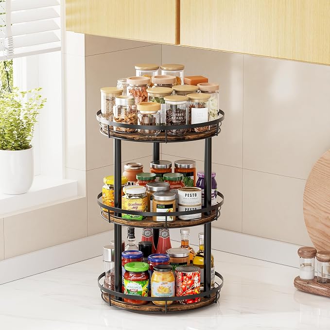 LAMU 10'' Wood Lazy Susan Spice Rack Organizer, 3 Tier Spice Organization for Cabinet, Countertop, Kitchen, Table Top, Pantry, Condiment and Seasoning Rack Organizer