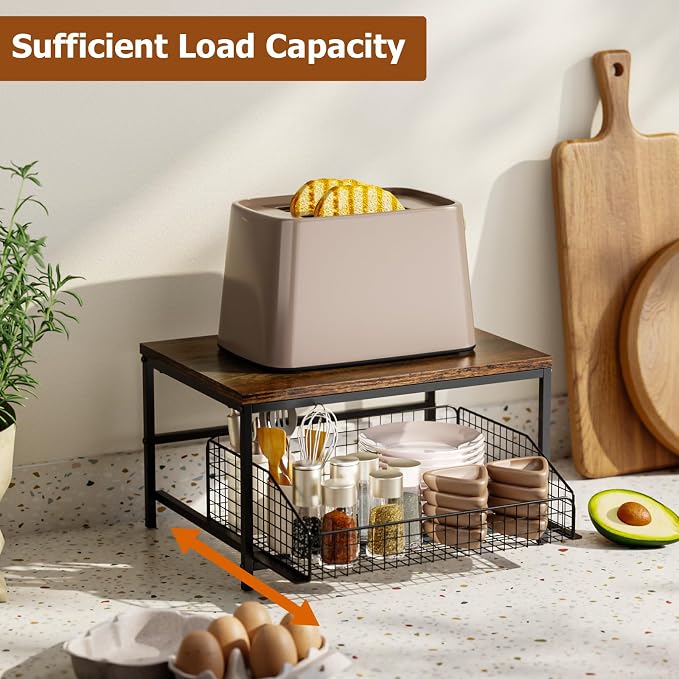 KLM Pull Out Spice Rack Organizer for Cabinet,Rustic Wood Top with Wire Basket Storage,Kitchen Countertop Organizer and Storage for Pantry, Counter top,Coffee Station Wood. (Brown)