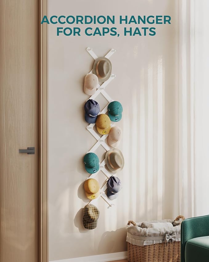 OROPY Accordion Wall Hanger with 20 Pegs, Expandable Wooden Coat & Hat Rack | White Color, Hat Display Rack, X Shape Rack for Coat, Hats, Bags, Baseball Caps, Coffee Mug, Jewelry
