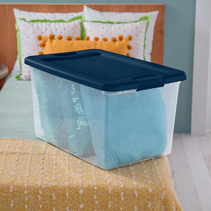 Sterilite Color Program, Large Clear Plastic Storage, 64 Quart, 18-Pack | Clear Bins with Blue Lids - Stackable Organizing Container Boxes for Closet, Bathroom, and Office