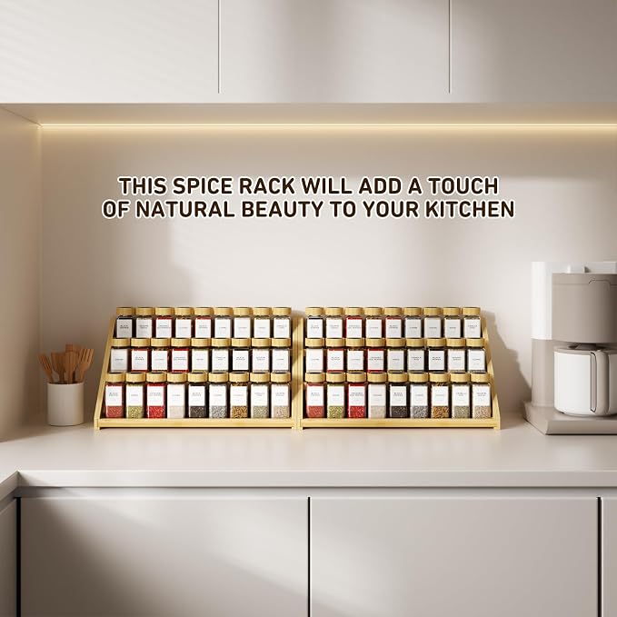 Spice Rack, Spice Organizer -3 Tier Bamboo Spice Racks, Solution for Spice Storage in Kitchens, Countertops，Storage Rooms and Other Places