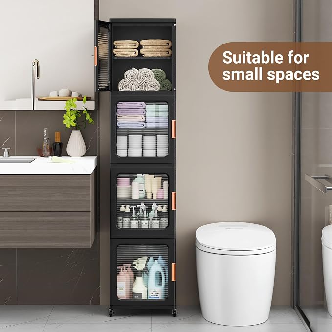 BROVIEW 3-Tier Tall Narrow Storage Cabinet 14.6” Wide, Slim Bathroom Cabinets with Adjustable Shelves and Doors, Plastic Kitchen Pantry Organizers and Storages for Small Space, Laundry, Black