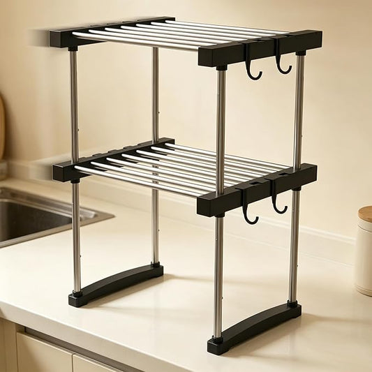 BLULEE Expandable Under Sink Organizer, 2-Tier Adjustable Storage Shelf | Heavy-Duty Stainless Steel Cabinet Rack for Kitchen Pantry & Bathroom Vanity, Stackable Organization System