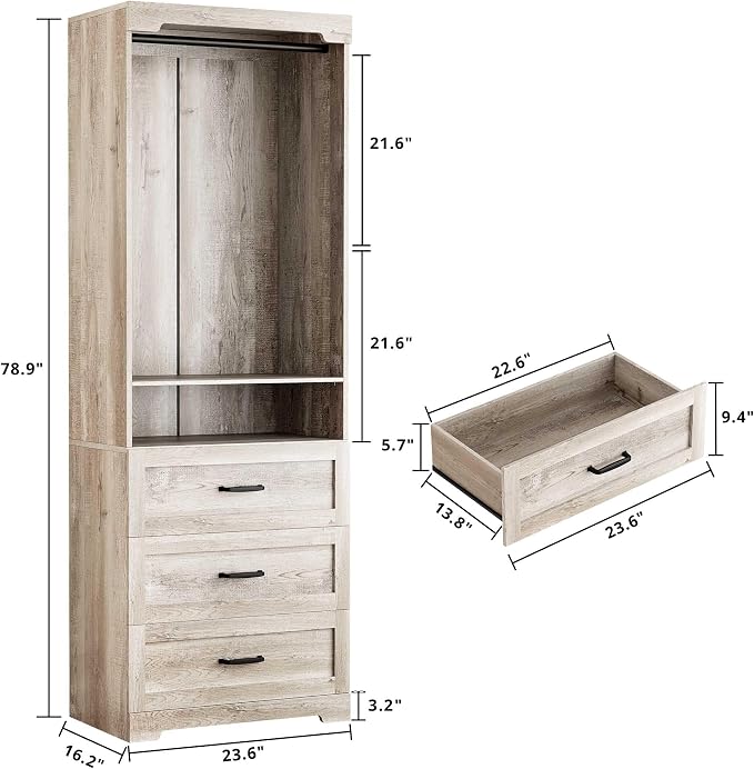 IRONCK Freestanding Closet System with Adjustable Shelves & 3 Drawers | Closet Organizer with Hanging Rod, Ideal for Bedrooms, Apartments and Small Closet Storage