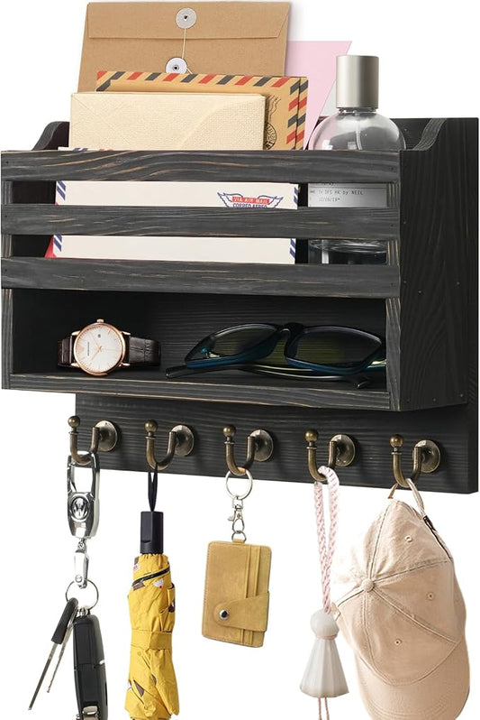 Key Holder Wall Mount with Mail Organizer, 5 Key Hooks, Black | Wood Mail Organizer Wall Mounted with 5 Key Hooks & Storage Box and Mail Organizer for Entryway, Apartment, Home and Office