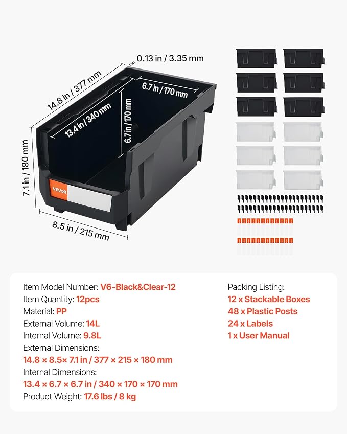VEVOR Plastic Stackable Storage Bins, 14.8 x 8.5 x 7.1 inch (12 Pack), Plastic Containers for Organizing & Storage Bins for Garage, Small Parts, Office Supplies, Other Accessories, Black & Transparent