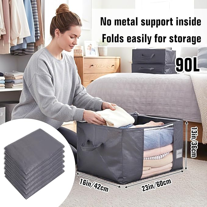 Blanket Storage Bags 6 Pack 90L Clothes Closet Organizer Containers PE | High-Strength PE, Reinforced Handle, Dual-Slider Zipper, Clear Window and Label Pocket, Ventilated Foldable Design