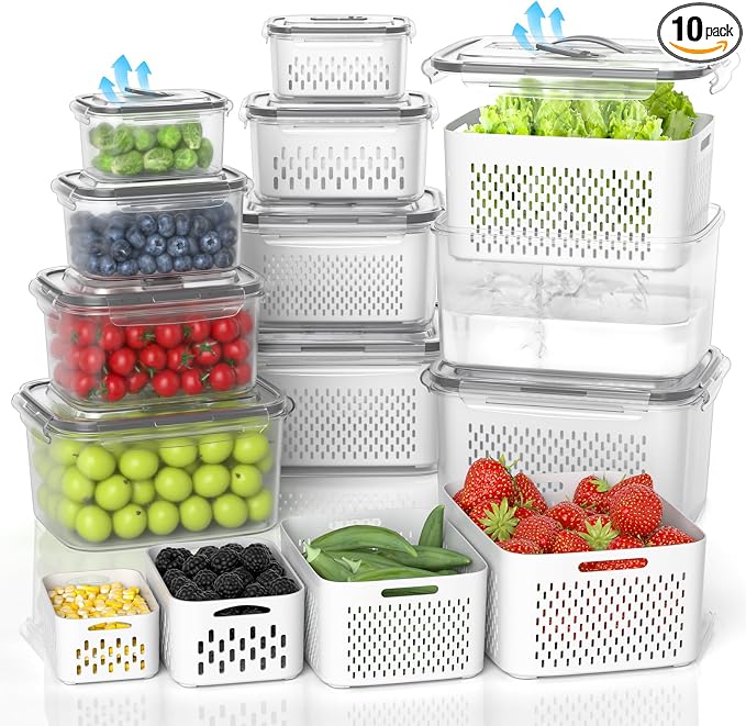 damynuo 10Pack Fruit Storage Containers for Fridge - Berry Containers with Vent and Handle Lids, Fruit Containers for Fridge with Colander, lettuce keeper for Refrigerator Organizers and Storage