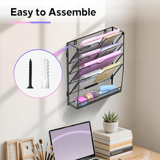 5-Tier Wall File Organizer with Base, Wall Mounted File Holder | Vertical Hanging File Organizer with Open Compartments and Label Holders for Mail, Folders and Paperwork at Home or Work