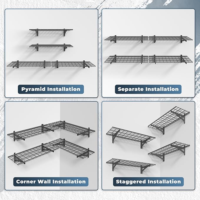 Jusgym 4 Pack Garage Shelving Wall Mounted, 1.5x4ft, 1400LB Heavy Load | Wall Mounted Floating Design, 18"x96" Storage Rack, No Splice Seamless Structure, Rustproof Black Coating for Garage Workshop