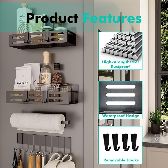 SETBAOO 4 Pack Magnetic Spice Rack for Refrigerator with 4-Hook Rack and Paper Towel Holder, Black Magnetic Shelf and Fridge Kitchen Cabinet Organizers Storage Seasoning Organization Mini Shelves.