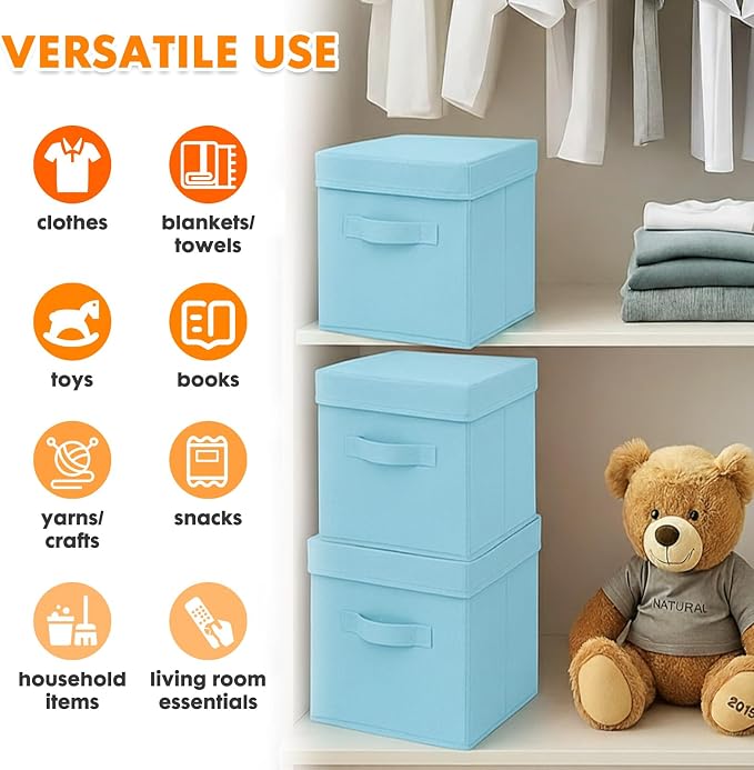 ShellKingdom Storage Bins, Foldable Fabric Storage Cube with Lid for Closet | Clothes Storage Organizer Drawer For Closet Toys Storage, 10.5 X 10.5 X 11 INCH, 2 Pack (Light Blue)