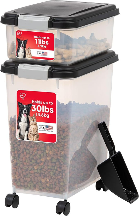 IRIS USA Dog Food Storage Container 30 lb + 11lb Airtight Combo, Stackable Pet Food Storage Bin with Wheels for Cat Dog Food, BPA Free, Made in USA, Black | Stackable Pet Food Plastic Storage Bins with Wheels for Cat and Dog Food, Made in USA