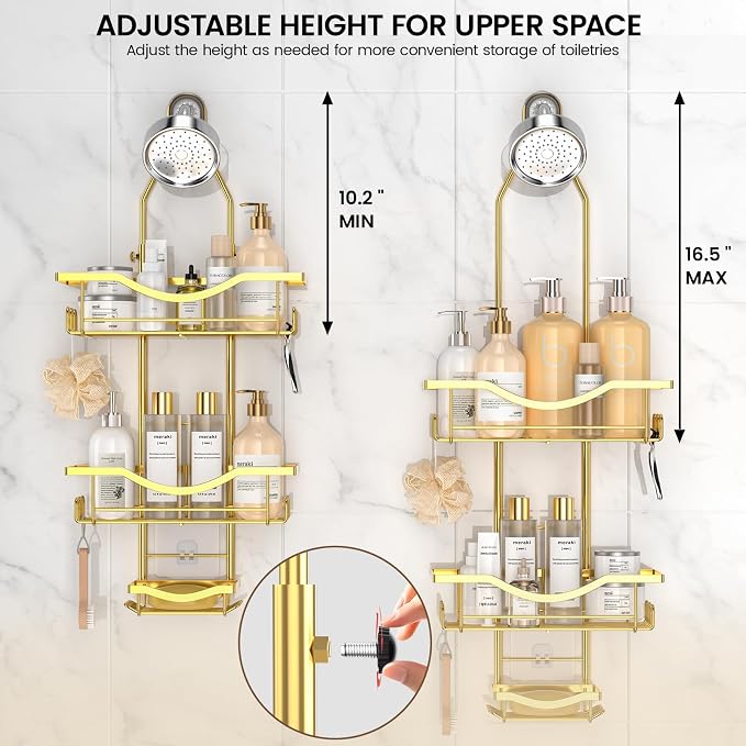 Shower Caddy Hanging Adjustable Shower Caddy, Rustproof Shower Organizer Extended Length Showers Caddy Over Shower Head with Hooks Soap Holder, Large Capacity Anti-Swing Bathroom Organizer, Gold | Shower Caddy Over Showerhead, Extra Long, No Drilling, ...