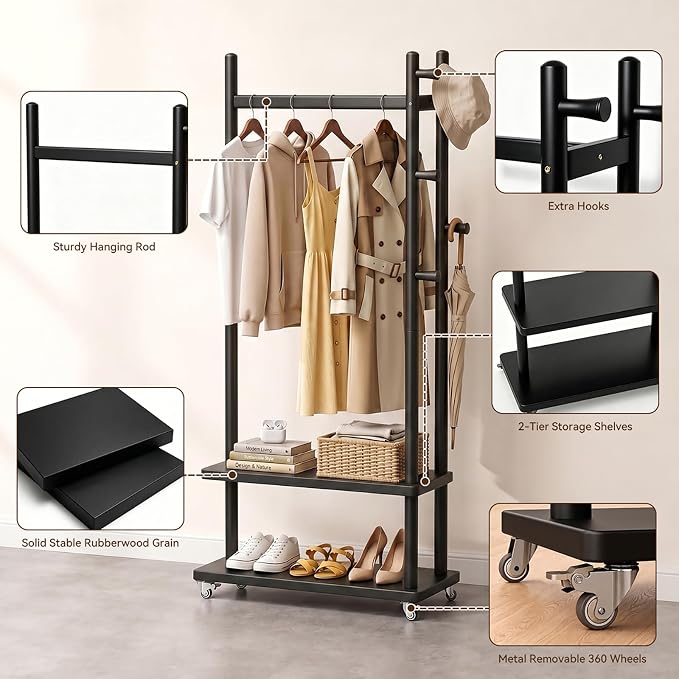 Taitiy Coat Rack Solid Wood Stand Storage 2 Shelves 4 Hooks Black | Entryway hallway bedroom living room, durable wood construction, freestanding design, coats hats bags garments