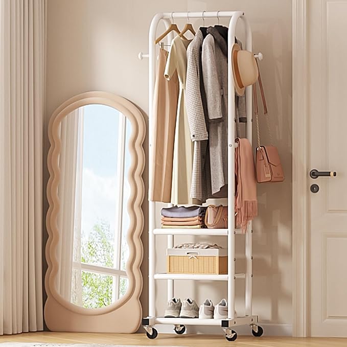 Dttwacoyh Clothing Rack with Wheels,Narrow Metal Garment Rack,White | Easy to install, 71.8 Inches Display Rack with 4 Side Hooks & 3 Shelves,for Small Flats, Bedroom, Entryway,White Clothes Rack