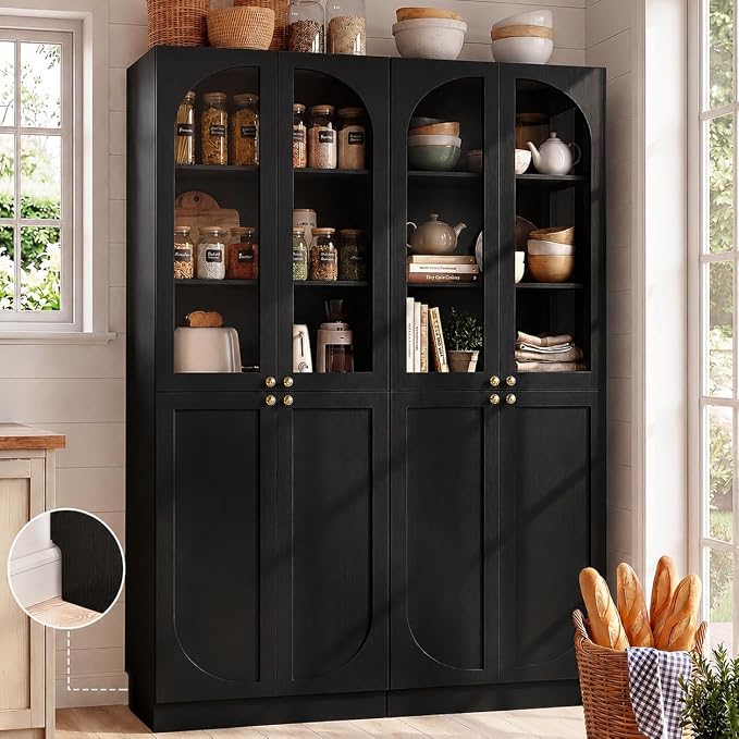 Cyclysio 80" Kitchen Pantry, Tall Arch Storage Cabinet with Tempered Glass & Soft Close Doors, Freestanding Wood Floor Cupboard Bookcase with Seamless Fit Wall for Dining Room, Living Room, Bathroom