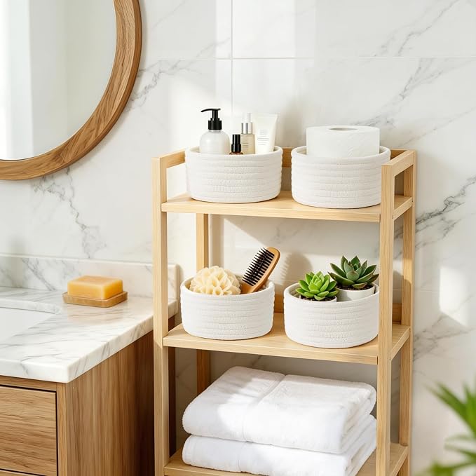 Dahey 4 Pcs Small Woven Baskets Set, Mini Cotton Rope Storage Bins for Organizing, Cute Tiny Round Decorative Baskets for Gifts, Living Room Bathroom Home Decor, 7.09"W x 3.15"H, White