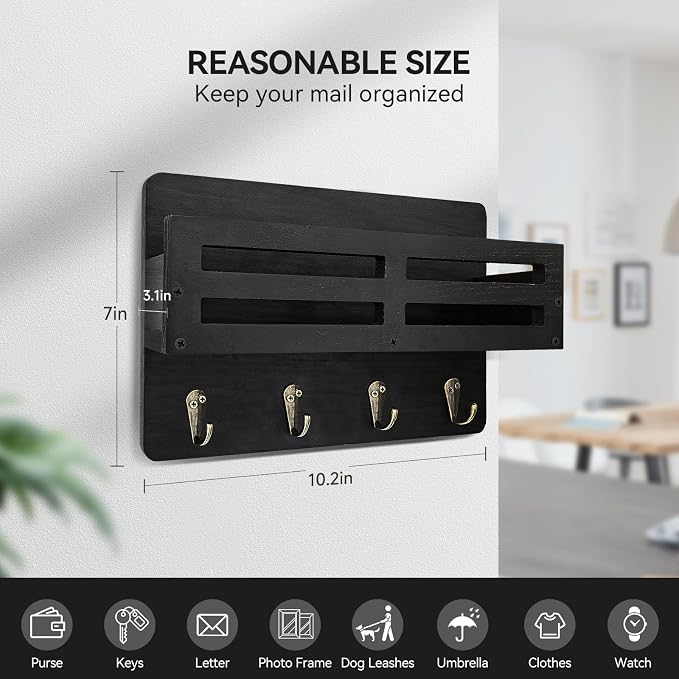 Key Holder Wall Mount, 10 inch Decorative Key and Mail Holder for Wall, with Mail Organizer & 4 Key Hooks, Rustic Wooden Key Rack for Hanging Dog Leash Sunglasses, Entryway Key Hanger, Black