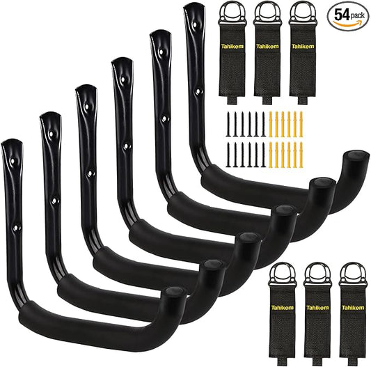 6 Pack 9-Inch Wall Mount Garage Storage Hooks for Ladder & Tools | Wall Mounted, Rust Resistant,Hooks with Installation, J Hooks for Ladder, Bike, Cable Bracket(Max 30 lbs)