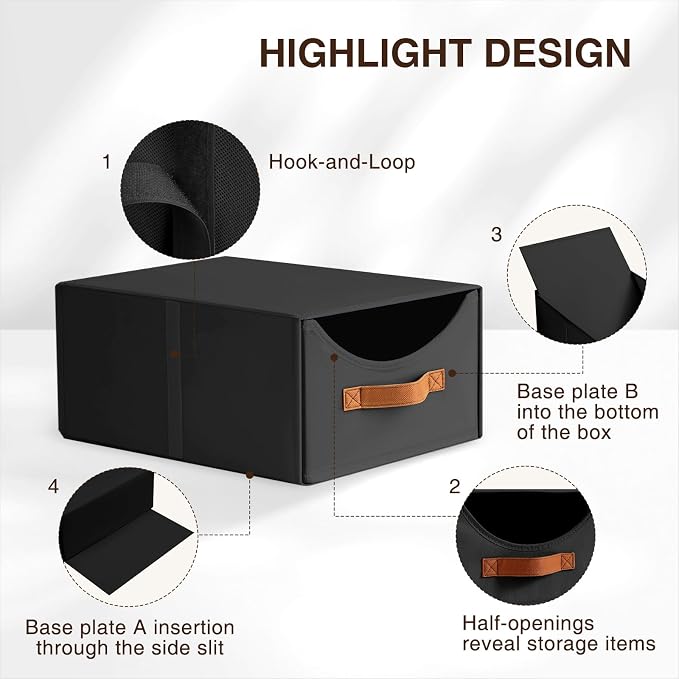 Homsorout Stackable Storage Drawers - Collapsible Storage Bins with Drawers, 6 Pack Closet Shelf Organizer Basket, Fabric Pull Out Organizer for Bedroom, Living Room, Dorm, Black