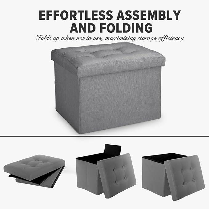 LINMAGCO Small Storage Ottoman Stool Foot Rest Stool Under Desk Stool Short Folding Ottoman Linen Cloth Light Gray 17X13X13IN