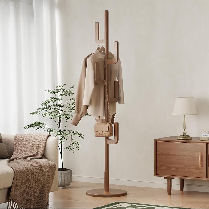 Solid Wood Cactus Coat Rack, Freestanding Coat Rack With 6 L-Shaped Hooks and 3 Adjustable Sizes, Coat Tree for Bedroom, Entryway, Livingroom, Coat Hanger Stand for Coats, Handbags (Walnut)