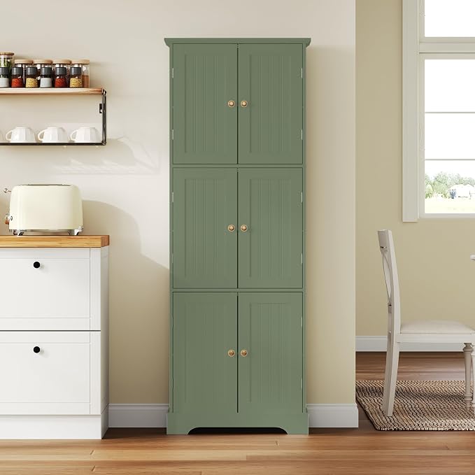 ChooChoo 63.2" Tall Bathroom Storage Cabinet with 6 Doors | Freestanding Floor Cabinet, Adjustable Shelves, Pantry Cabinet for Bathroom, Kitchen, Laundry Room, Green