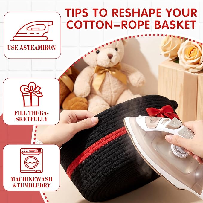 Colingmill 1 Set Woven Empty Basket for Gift,Black Red | with Cellophane Wrap Set, 14 x 10 x 5.5 Inch, Medium Decorative Gift Basket, Cotton Rope Storage Box, Home Decor