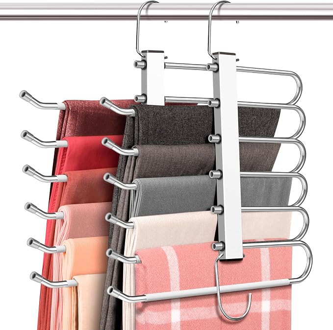 HUITEM 4 Pack 6-Tier Space Saving White Pant Hangers, Anti-Slip, Lightweight, Stainless Steel, Ideal for Closet Organization, Free Installation