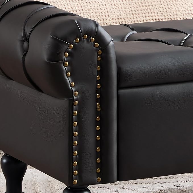 Storage Bench 51" Faux Leather End of Bed Benches Obsidian Black | Queen Size Storage Bench for Bedroom with Rolled Arms Tufted Ottoman Benches Upholstered Bench for Living Room Entryway