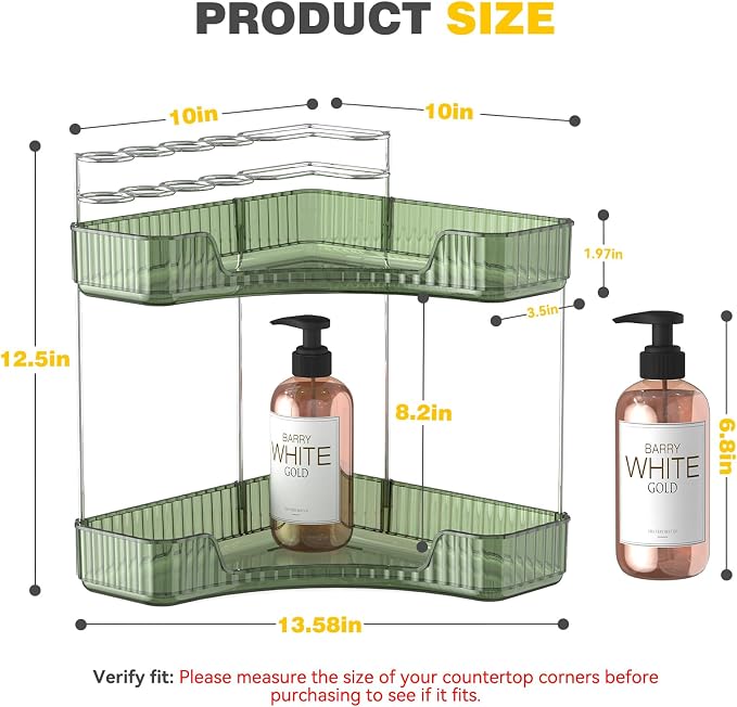 Asayuee 2-Tier Corner Bathroom Counter Organizer with Top Toothbrush Holders,Large Makeup Organizer Countertop with Brush Holder,Skincare Organizers Corner,Exquisite Vanity Organizer(Green, 2 Tier)