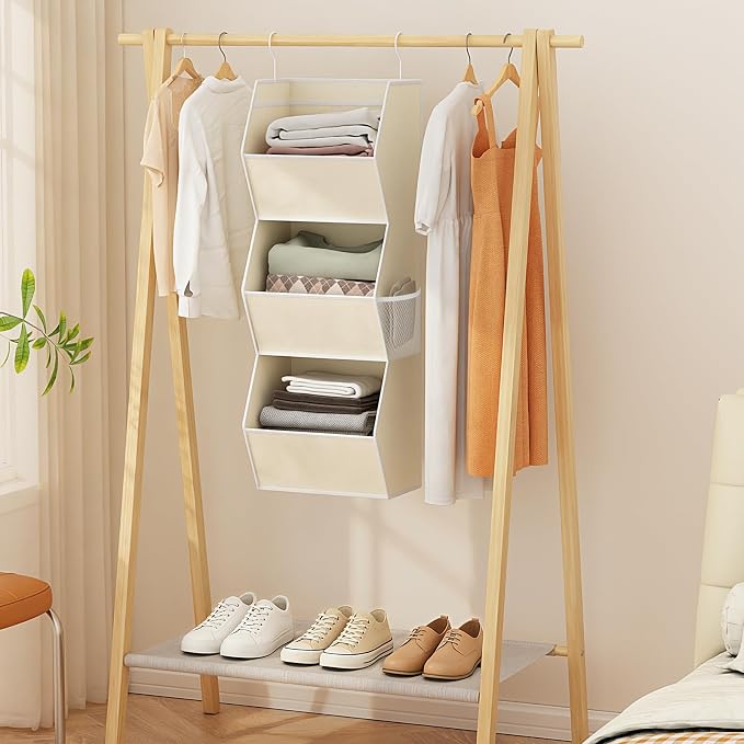 Hanging Closet Organizer 3 Shelf Collapsible Fabric Closet Organizers and Storage Hanging with Mesh Pocket for Clothes, Hanging Wardrobe Organizers and Storage for Sweater T-Shirt Shoes Toys, Beige