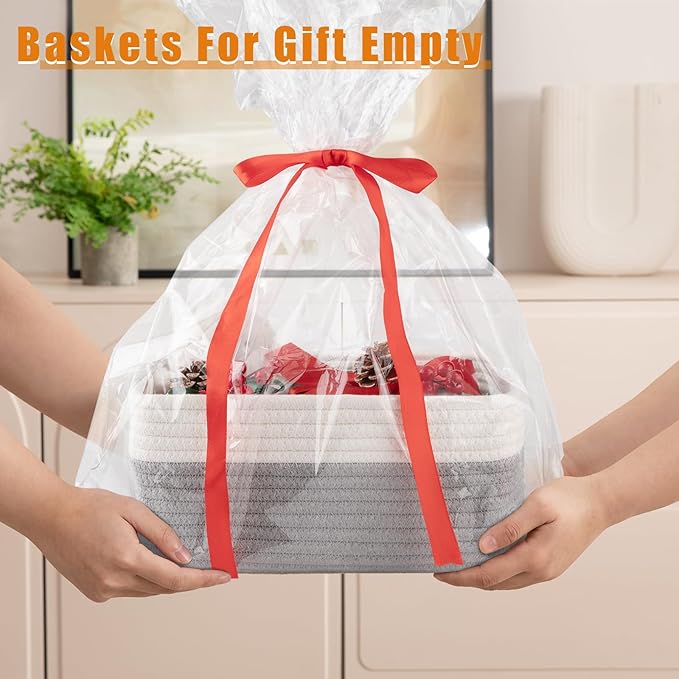 OIAHOMY 4 Pack Storage Baskets for Organizing, Small Bins for Shelves, Cute Decorative Storage Bins, Organizer Baskets for Gifts Empty, 14.2''Lx11''Wx6.3'H, Grey/White