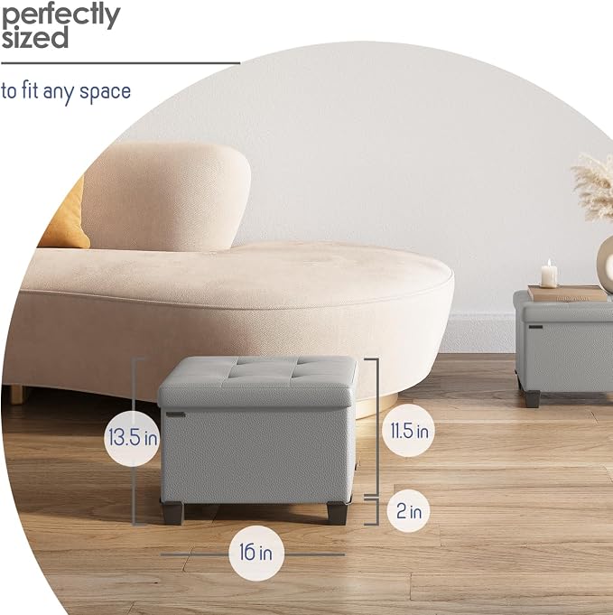 Storage Ottoman Cube with Small Bin, 16-in Square Ottoman with Storage for Living Room and Bedroom, Small Ottomans Foot Rest, Leather Foot Stools Ottomans Max 330lbs, Light Grey