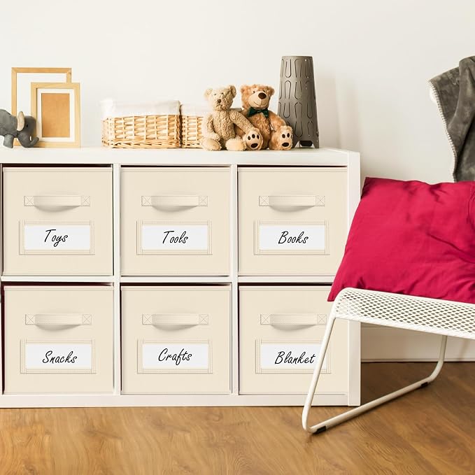 Teenyyou 10 Pack Fabric Storage Cubes 13 Inch Collapsible Cube Bins with Label Window & Handle Foldable Organizers Baskets for Shelf Closet Nursery Kids Room Clothes Book Toy(Beige)