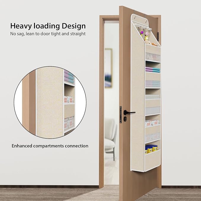 Univivi Over the Door Organizer for Baby Nursery, Beige Pattern, 6-Shelf | Door Storage with Large Capacity Breathable Mesh Pockets, Fabric Over Door Organizer for Baby Essential, Bedroom and Dorm