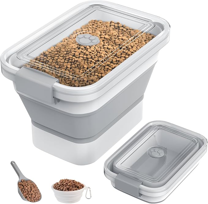 10-13Lbs Airtight Dog Food Storage Container,Collapsible Dog Food Container | Clear Pet Food Storage Container with Double Airtight Seal for Freshness,Cat Food Container One-handed Open,Save Space,Scoop