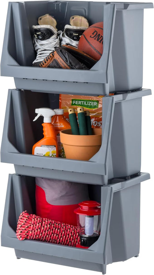 IRIS USA 3-Pack Large Open Front Storage Bins, Gray | Organize tools, hardware, sporting goods, and household items with durable construction and space-saving vertical storage